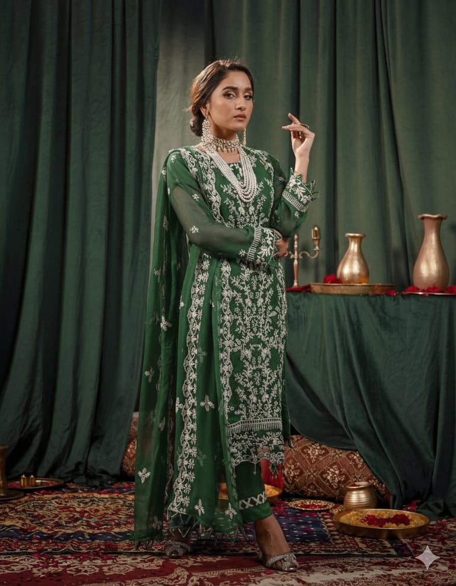 03-Piece Embroidered  Dark Green Chiffon Suit