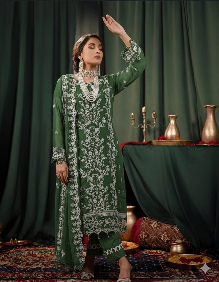 03-Piece Embroidered  Dark Green Chiffon Suit