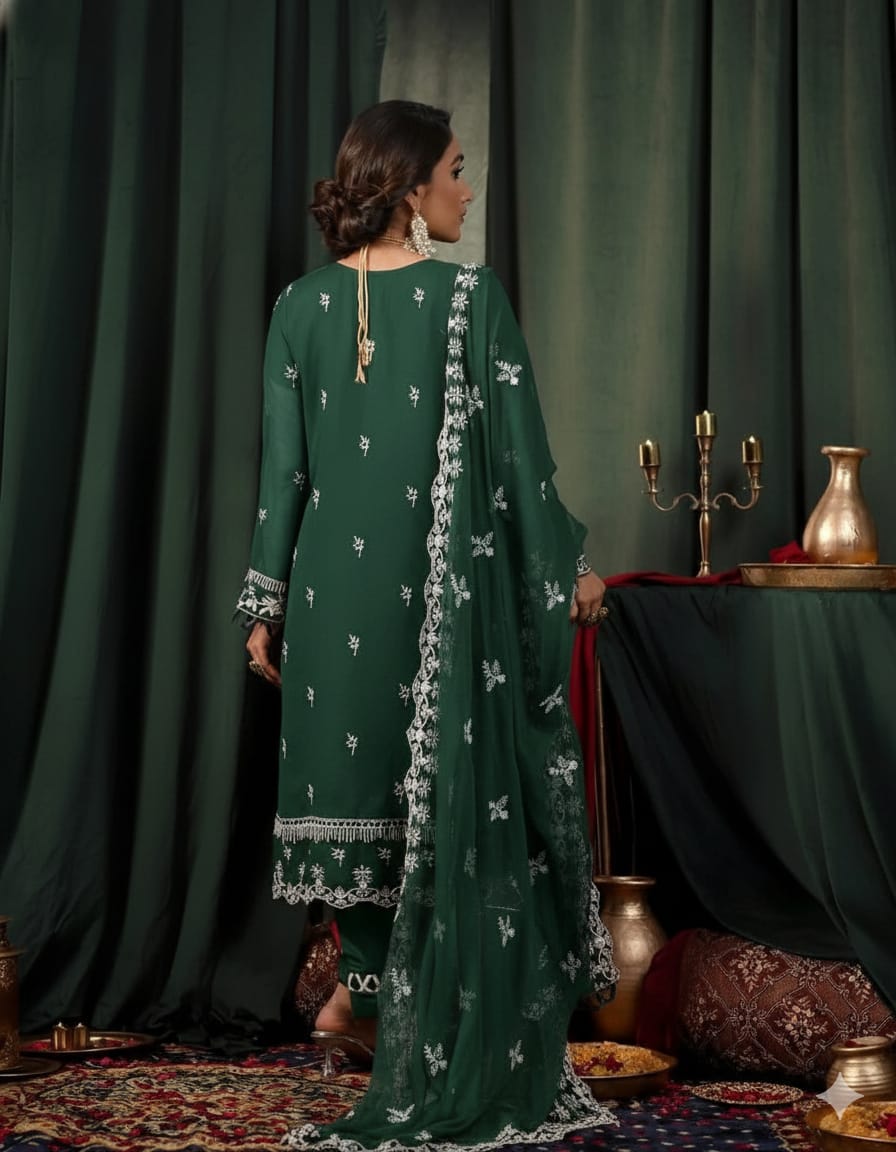 03-Piece Embroidered  Dark Green Chiffon Suit