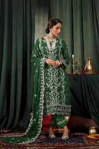 03-Piece Embroidered  Dark Green Chiffon Suit