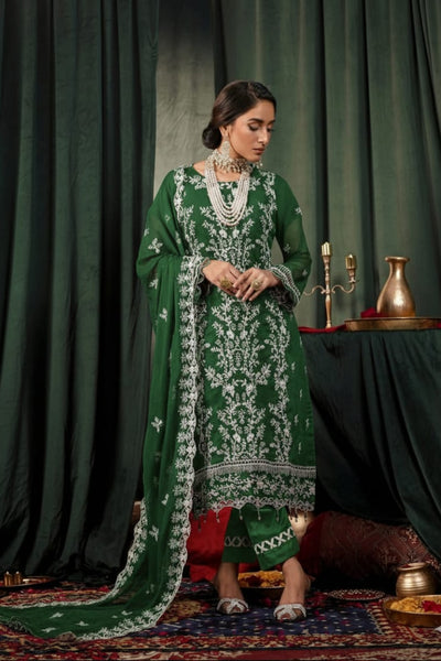 03-Piece Embroidered  Dark Green Chiffon Suit