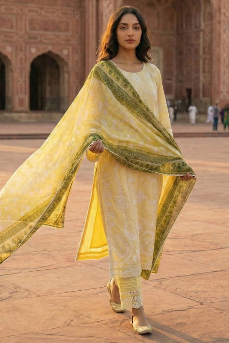3 Piece Stitched Lawn suit -Ready to Wear Lime