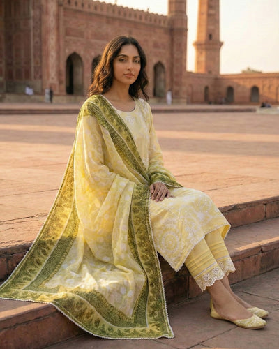 3 Piece Stitched Lawn suit -Ready to Wear Lime