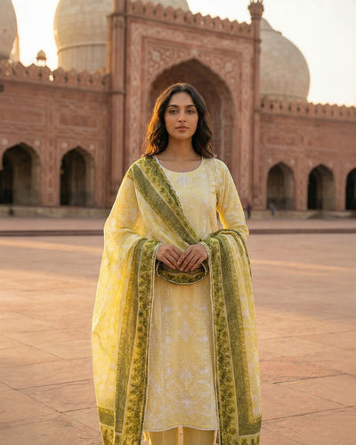 3 Piece Stitched Lawn suit -Ready to Wear Lime