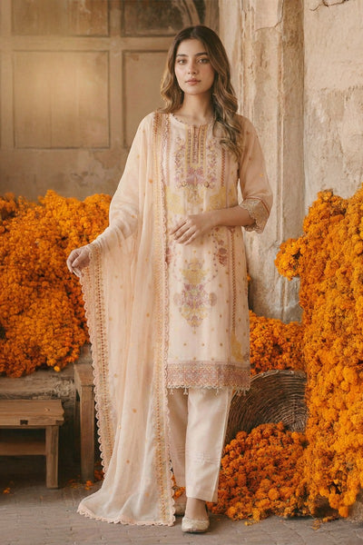 03-Piece Ready-To-Wear Luxury Chiffon Suit – Peach Beige