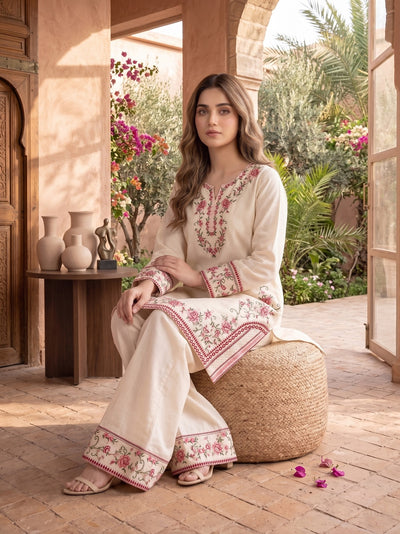 Tesoro 2 Pcs Embroidered Lawn Co-ards Set Off-White