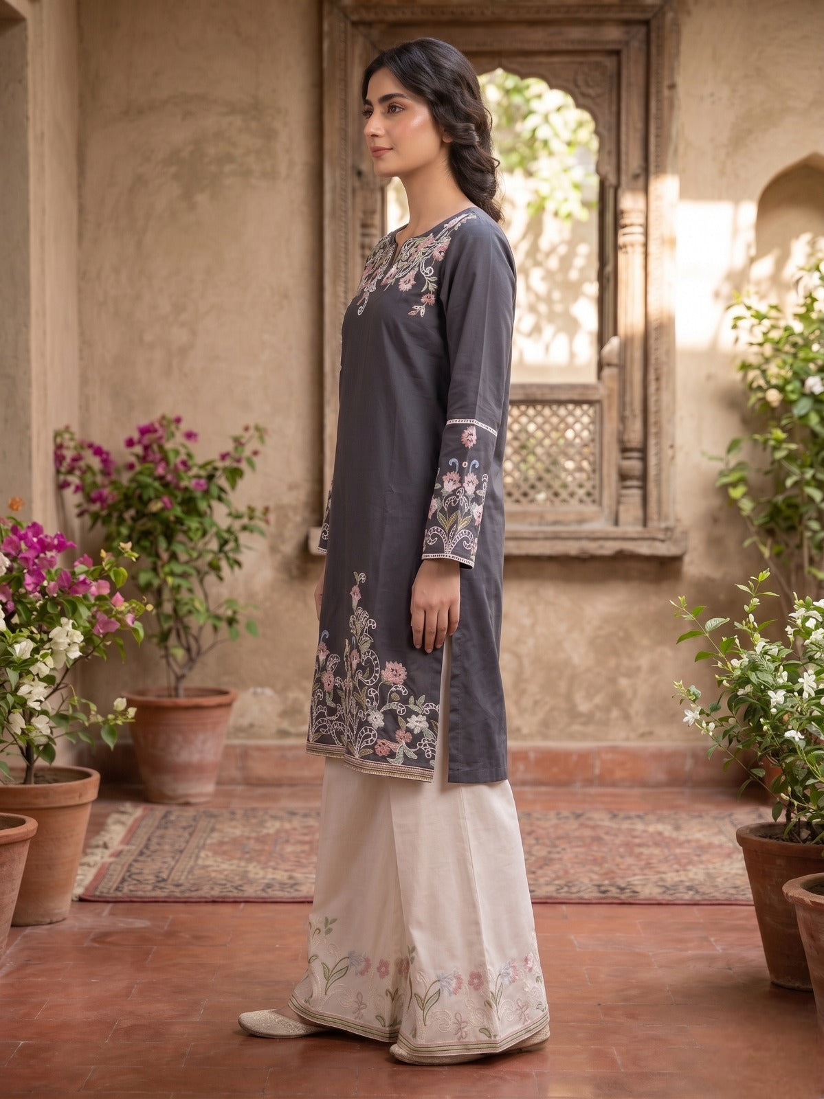 Hiza 2 Pcs Embroidered Lawn Co-ards Set Grey