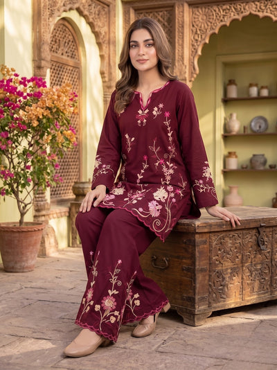 Mish 2 Pcs Embroidered Lawn Co-ards Set Maroon