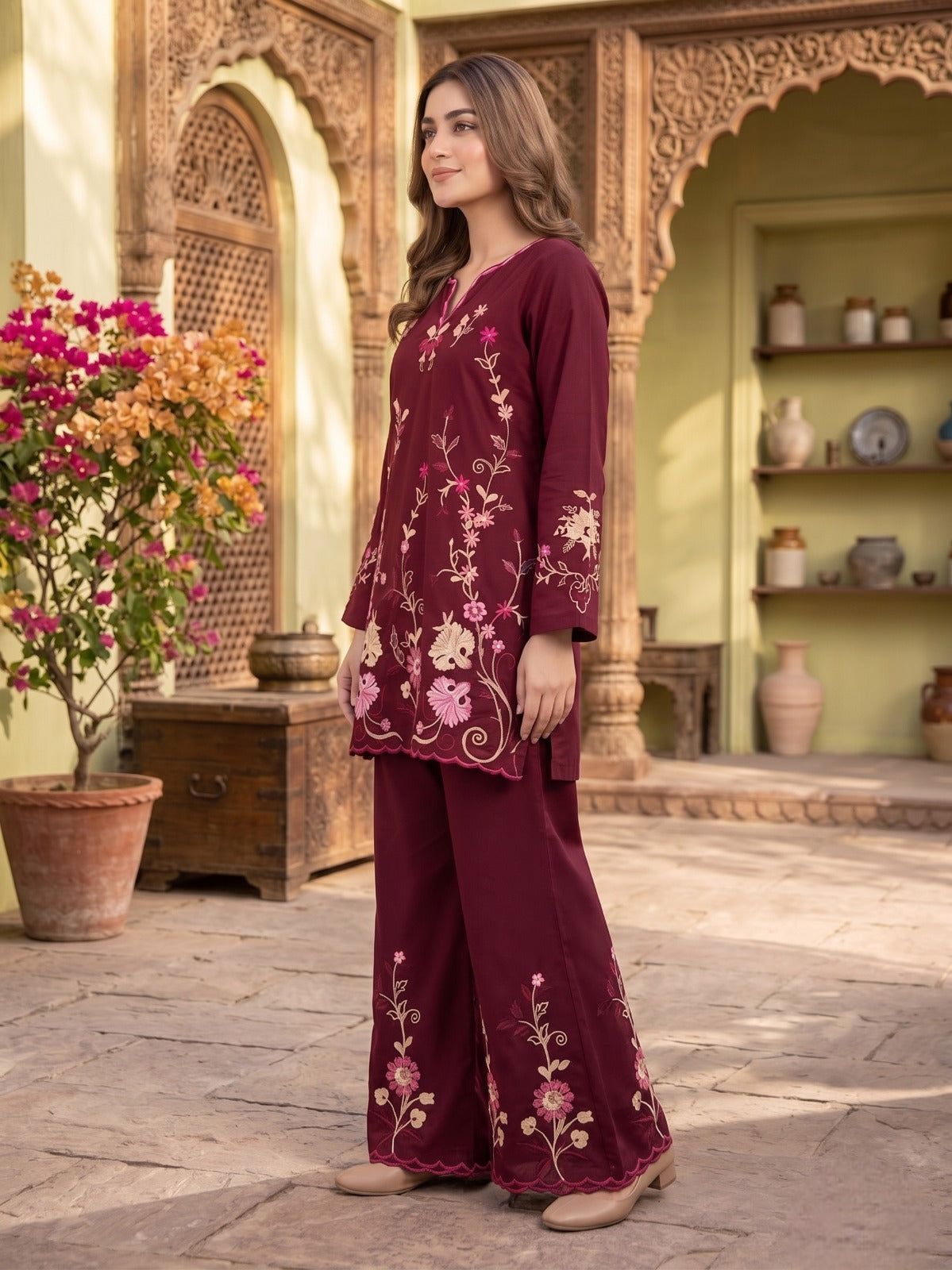 Mish 2 Pcs Embroidered Lawn Co-ards Set Maroon