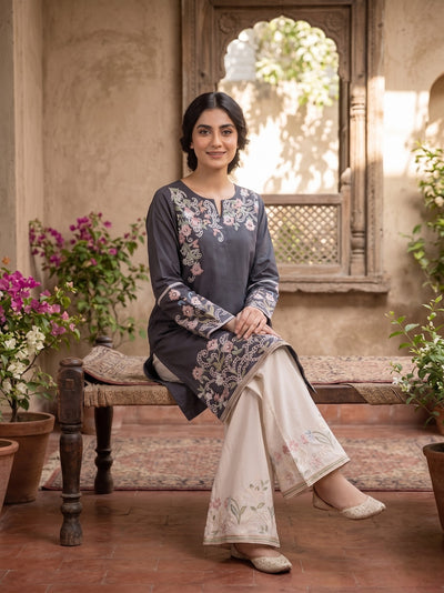 Hiza 2 Pcs Embroidered Lawn Co-ards Set Grey