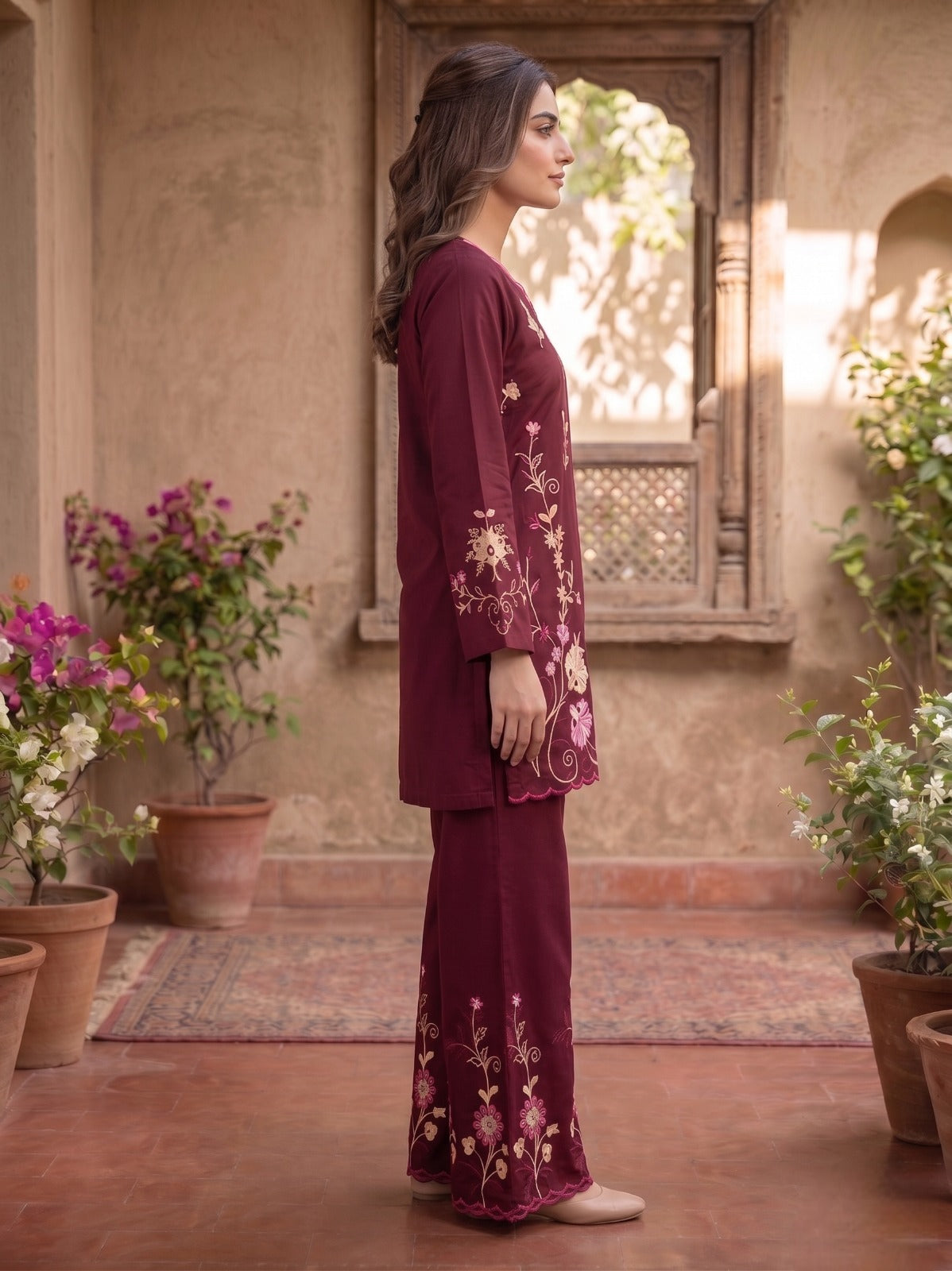 Mish 2 Pcs Embroidered Lawn Co-ards Set Maroon