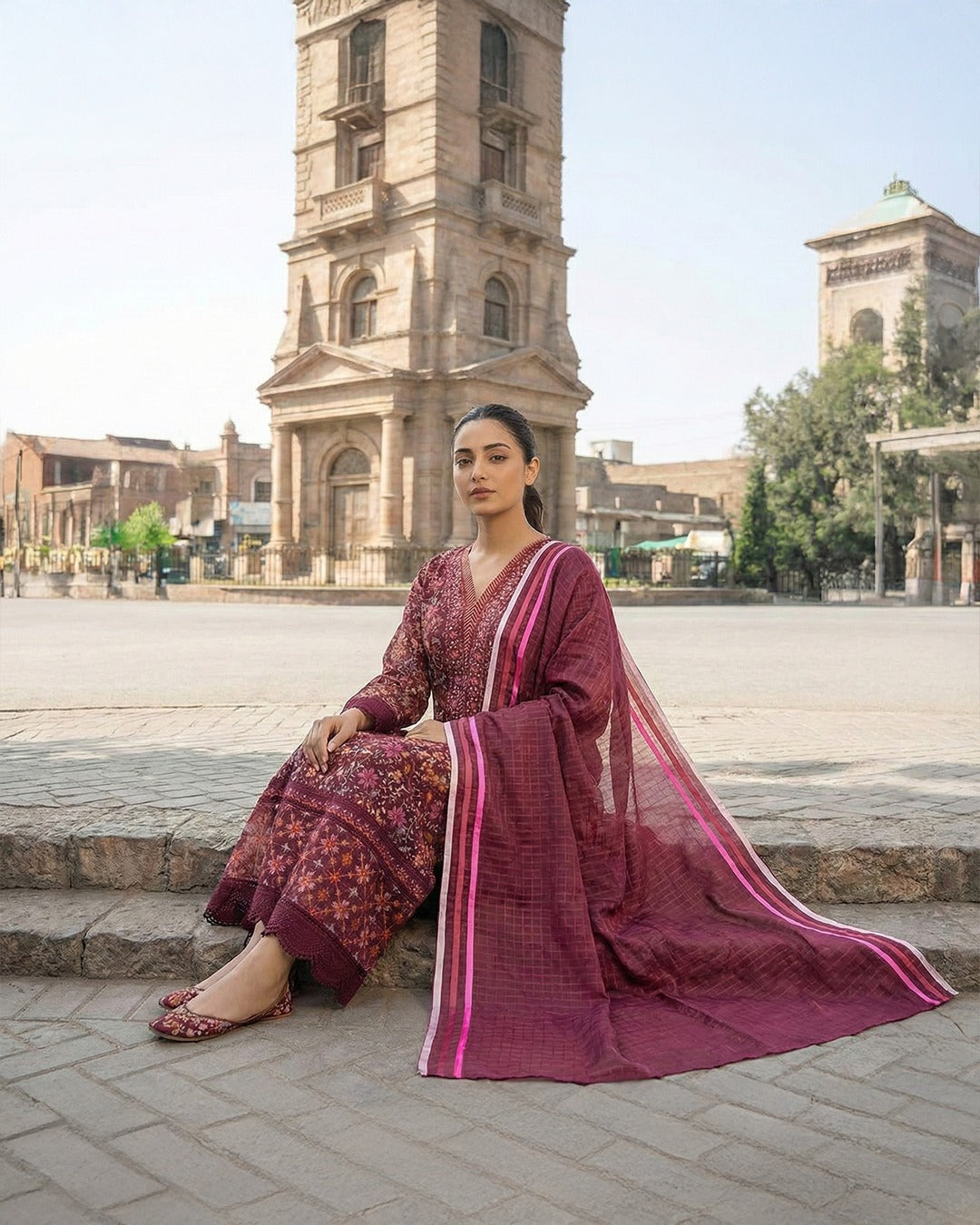 3 Piece Stitched Printed Chiffon Maxi With Organza Dupatta