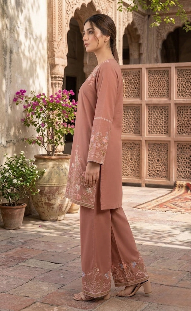 Hiza 2 Pcs Embroidered Lawn Co-ards Set Peach