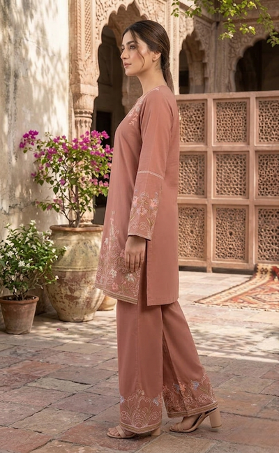 Hiza 2 Pcs Embroidered Lawn Co-ards Set Peach