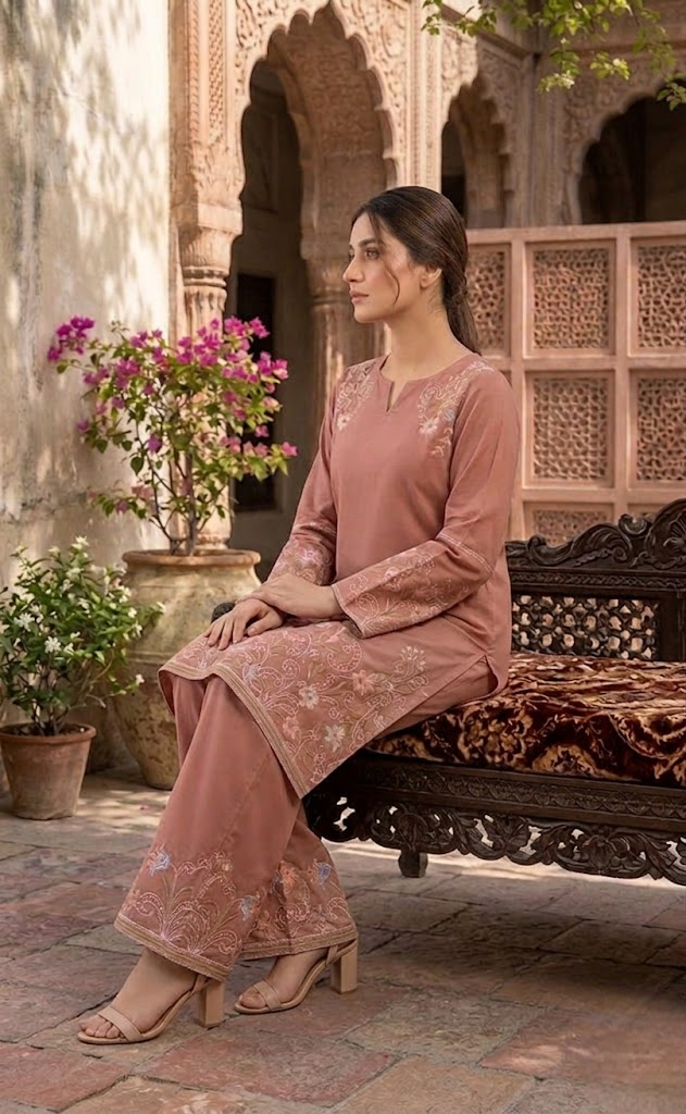 Hiza 2 Pcs Embroidered Lawn Co-ards Set Peach